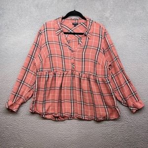 Torrid Womens Blouse Orange Plaid 1/2 Button Long Sleeve V-Neck Collared Size 2
